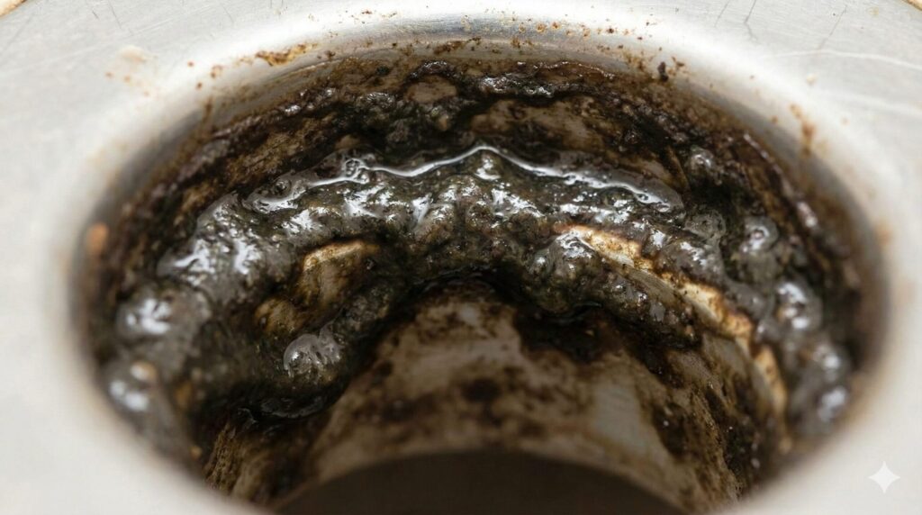 チョウバエの幼虫や卵の発生源となる、排水口奥深くのヌメリ（ヘドロ状のバイオフィルム）のクローズアップ