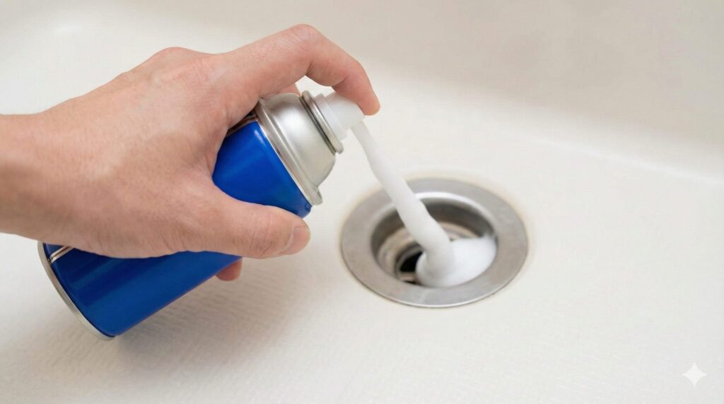 カビキラーではなく、コバエ（チョウバエ）の発生源である排水口の奥に専用の泡スプレーを慎重に噴射している様子