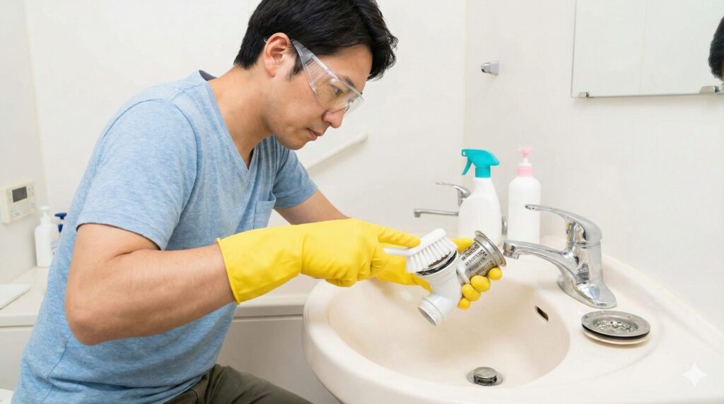 ゴム手袋と保護メガネを着用し、外した排水トラップのパーツと内部にカビキラーを噴射して洗浄している様子