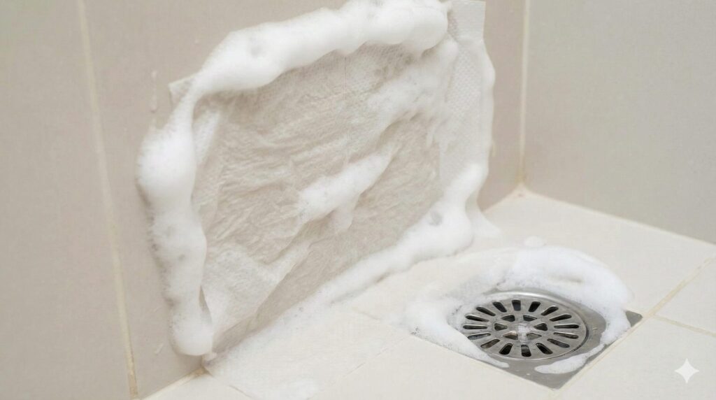 垂直面や配管に薬剤を密着させるため、カビキラーを噴射した上からキッチンペーパーを貼り付けた湿布法の様子