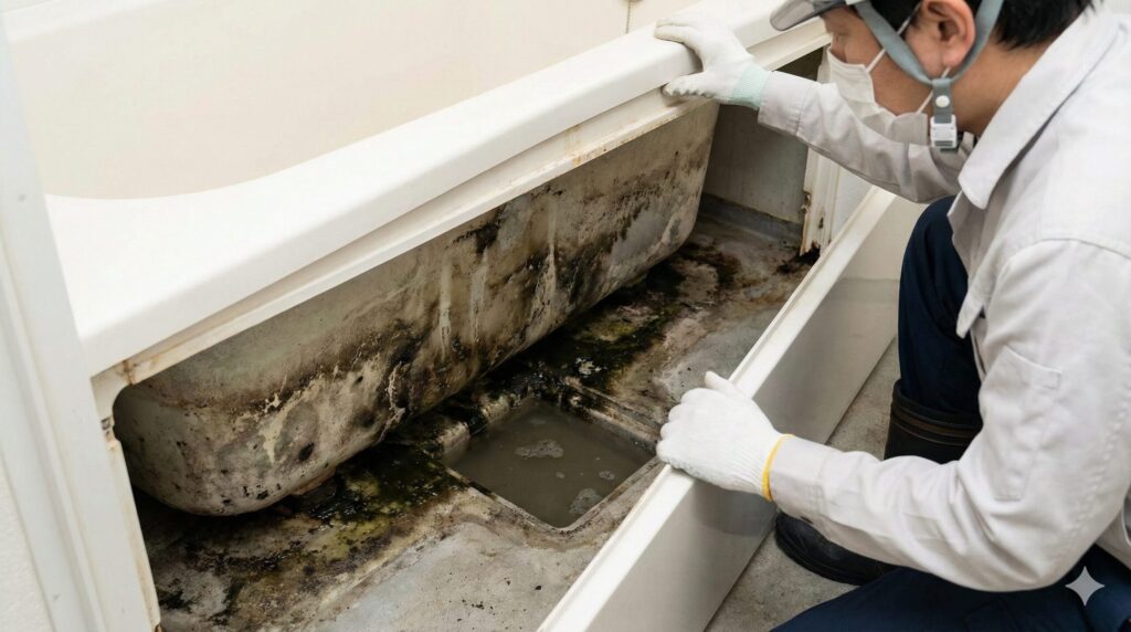 浴槽のエプロン（カバー）を取り外し、内部に溜まったヘドロ状の汚れや水たまりを確認している様子