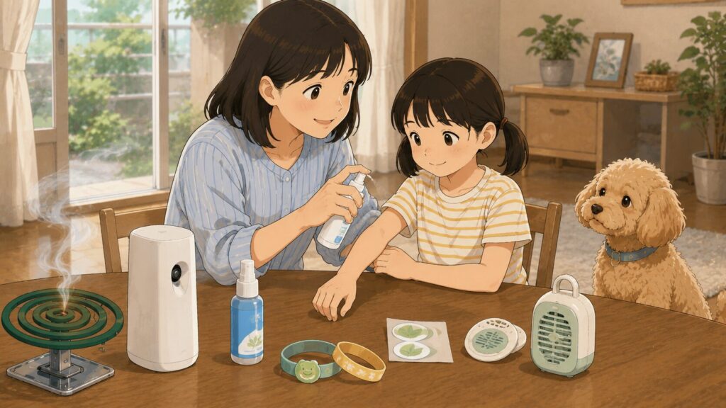 子どもとペットに配慮し蚊取り線香や虫除け用品を使い分ける家庭の様子
