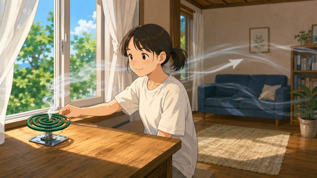窓際の蚊取り線香から煙と有効成分が室内へ広がる様子