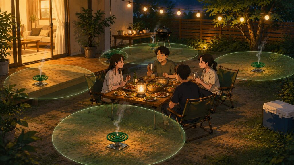 庭のBBQスペースを複数の蚊取り線香で囲み効果範囲を広げる配置例